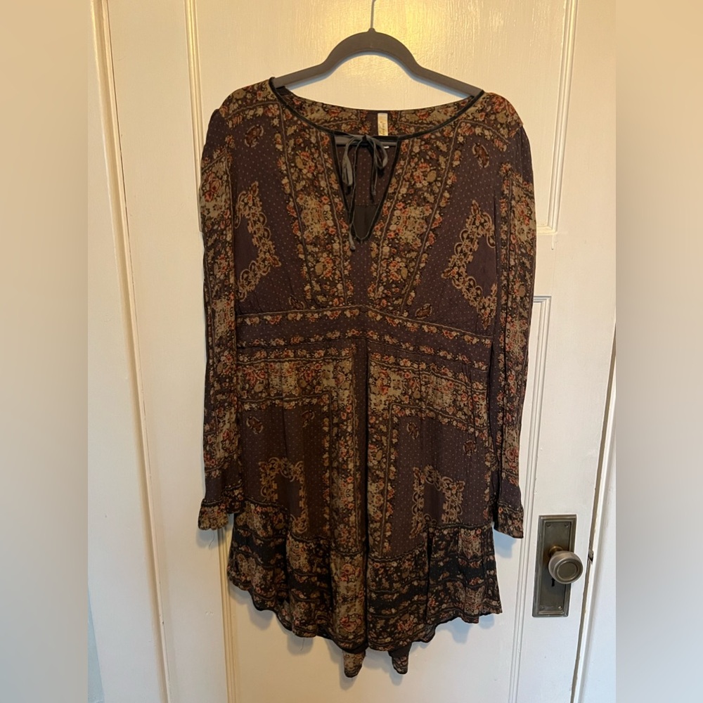 Free People brown ruffle flowered boho dress size XS